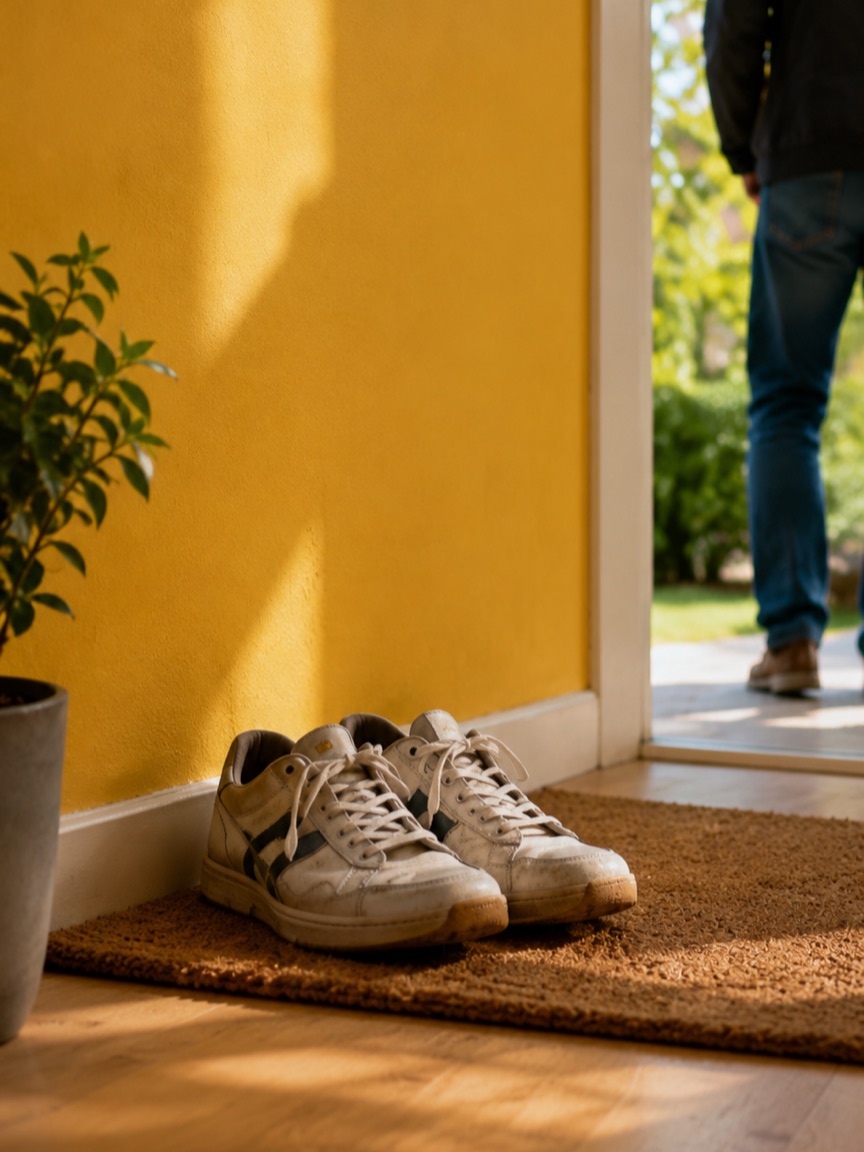 Schoenen op de mat bij een open voordeur. Iemand stapt naar buiten, een nieuw begin.