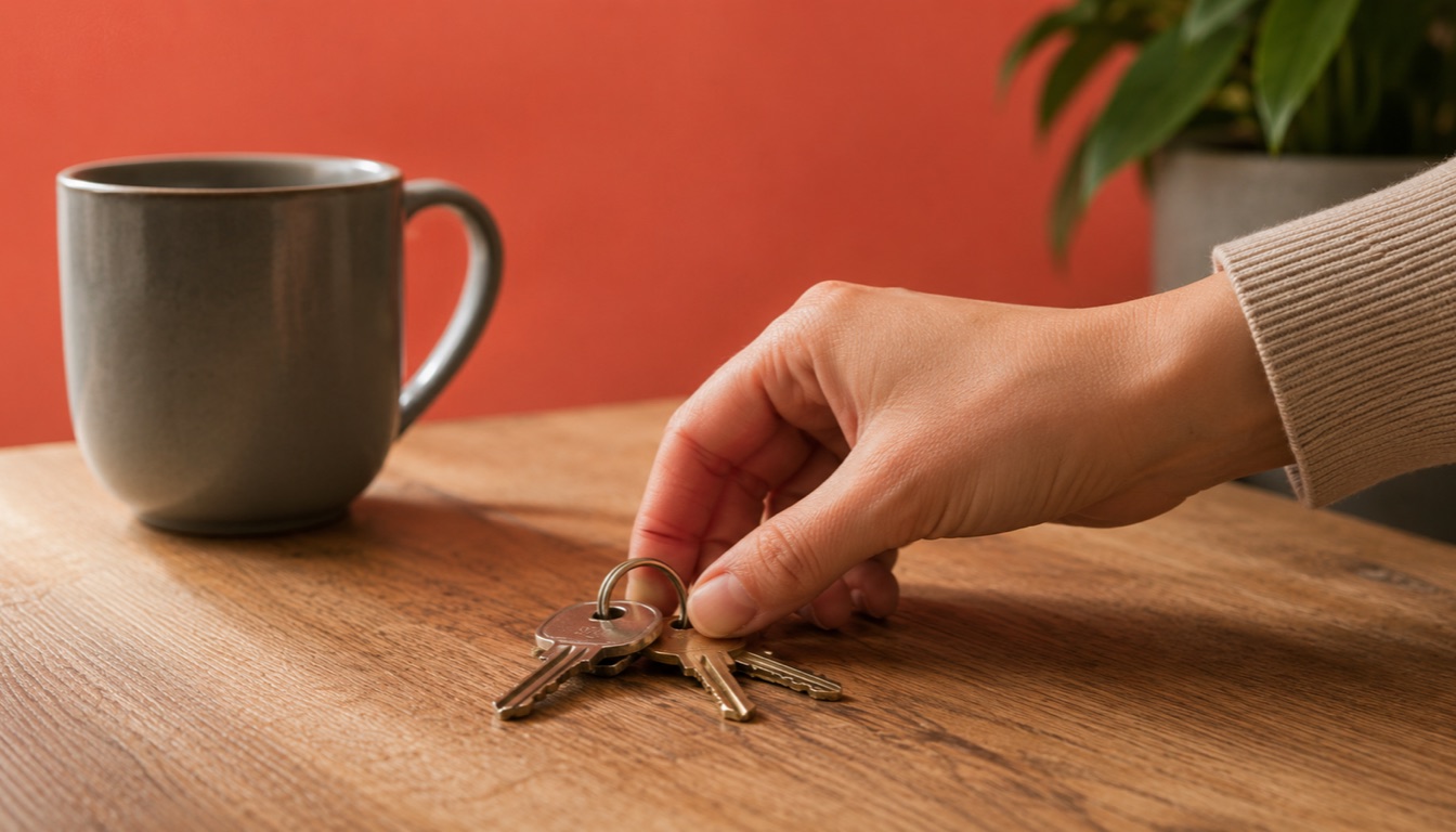 Een hand pakt een setje huissleutels van tafel. Het begin van een eigen plek.
